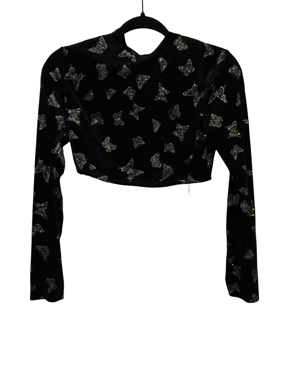 Carmin Butterfly Print Black Silver Glitter Velvet Long Sleeve Crop Top Large